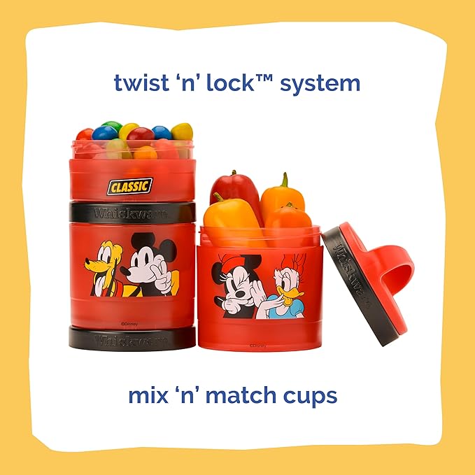 Whiskware Disney Mickey Mouse and Friends Stackable Snack Containers for Babies, Toddlers, and Kids, 3 Stackable Snack Cups for School and Travel, Cupholder Friendly, Classic!