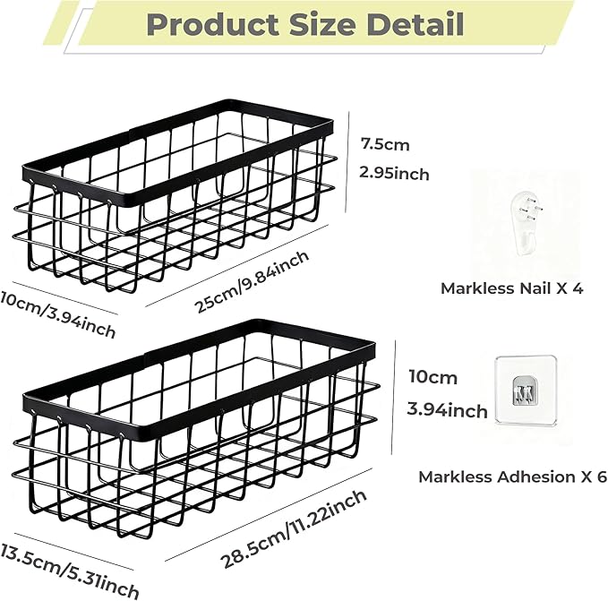 2PCS Hanging Wire Storage Baskets, Metal Wall Organizer, Adhesive Wall Storage Shelves for Kitchen, Bathroom Pantry (Spice Rack, Cabinet Organizer, Shower Caddy) Black-M+L
