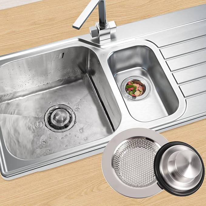 RQYEKDO Polished Kitchen Sink Strainers Sink Stopper Kits, Stainless Steel Sink Drain Strainer Set,Large Wide Rim 4.4" Diameter Food Catcher Garbage Disposal Plug for Most Sink Drains Basket Filter