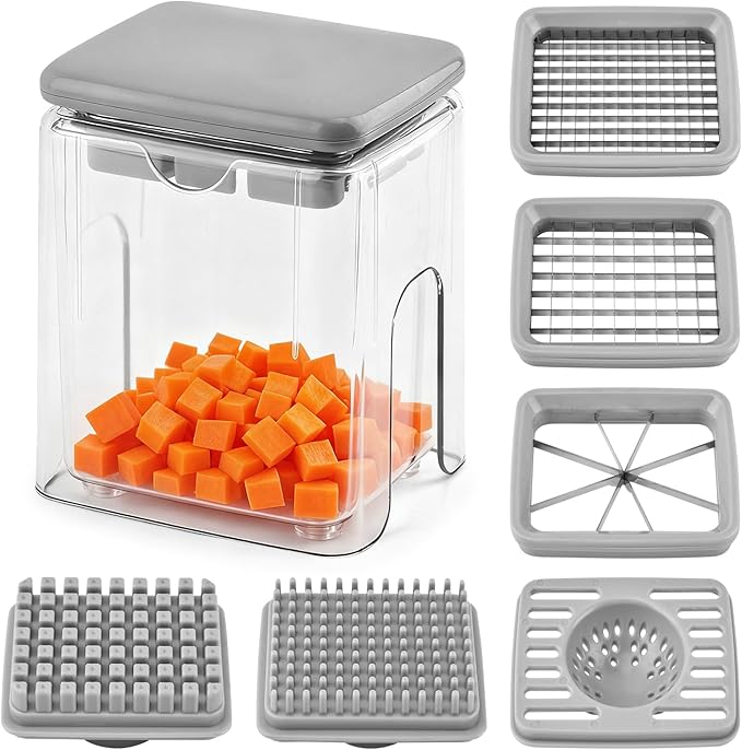 4-in-1 French Fry Cutter, Manual Veggie Chopper Potato Cutter Fruit Slicer with 3 Blades & 1 Juicing Mold, Multi-Function Fry Cutter Dicer Food Dicer for Fries Potato Onion(COLOR:Grey)