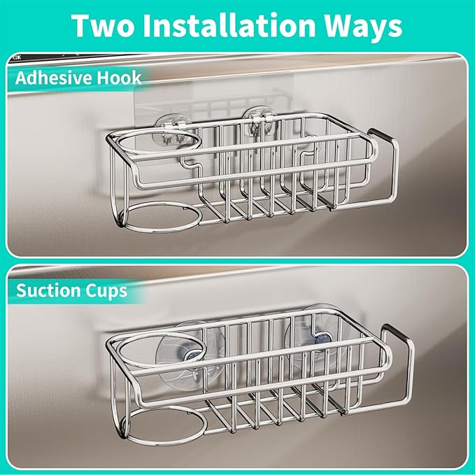 HapiRm 4 in 1 Sink Caddy Sponge Holder, SUS304 Stainless Steel Kitchen Brush Holder and Dish Cloth Hanger, Kitchen Organizers and Storage Essentials - Silver