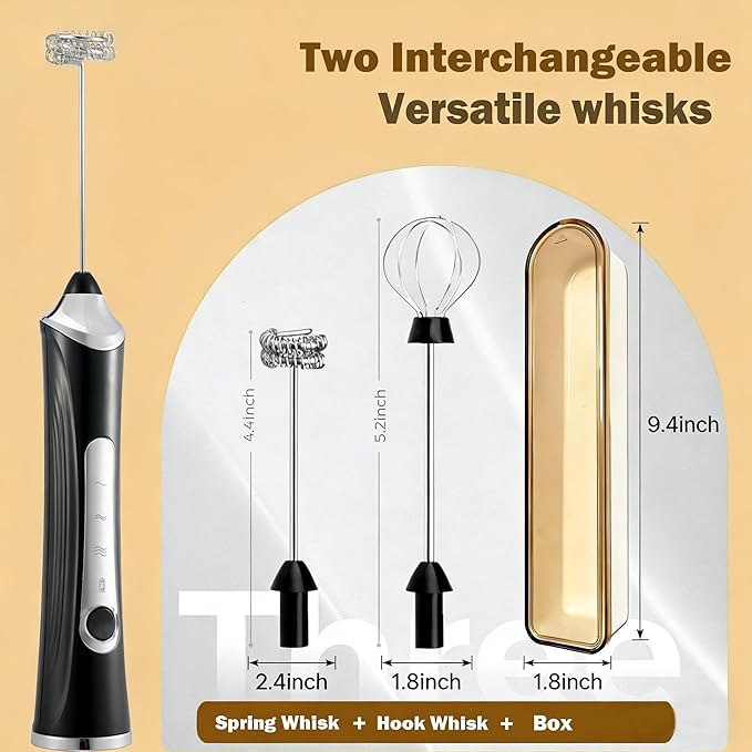 Handheld Electric Milk Frother with 2 Heads, Coffee Whisk Foam Mixer with USB Rechargeable 3 Speeds, Foam Maker Blender for Latte, Cappuccino, Hot Chocolate, Egg (Black with 2Head+Box)