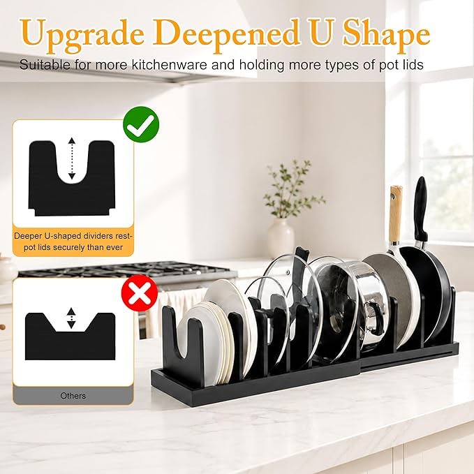 MinBoo Bamboo Expandable Pot Lid Organizer, Pot and Pan Organizer Drawer Organizer for Pot Lids, Adjustable 10 U-Shaped Dividers for Kitchen Cabinet Organizers and Storage,Black