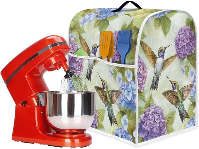 Hummingbird Floral Mixer Covers for Stand Mixer 4.5-5 Qt Easy Clean Kitchen Appliance Dust Cover with Top Handle and Accessory Pocket Oil-Resistant Keep Kitchen Clean and Tidy