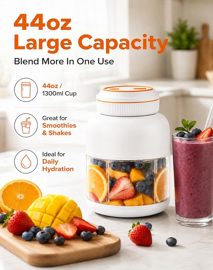 Portable Blender 44oz, Wireless Juicer Cup for Shakes and Smoothies, Personal Size Blender with Dual Lid & Leakproof Handle, Compact Travel Drinking Cup for Gym, Office, Kitchen, Outdoor (White 44oz)