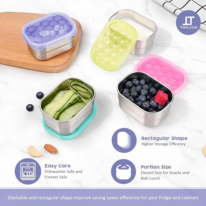 Tanjiae 8oz Small (1 CUP) Stainless Steel Snack Containers for Kids and Toddlers (Ages 1-3) | Easy Open Leak Proof Food Containers with Silicone Lids - Perfect Metal Lunch Box for Daycare and School