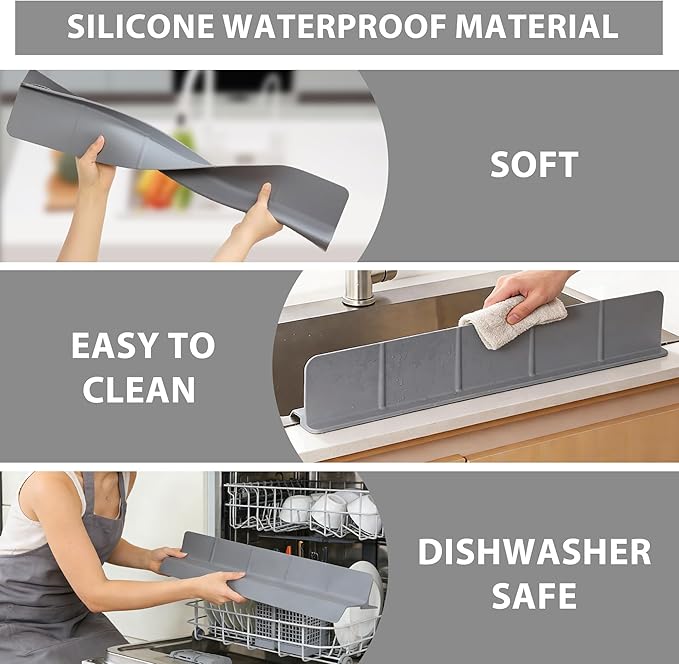 23Inch Sink Splash Guard – Extended Length & Tall Silicone Kitchen Sink Splash Guard with Overhang Drainage Design & Strong Suction Cups for Countertop (Dark Grey, 23''x3.5'')