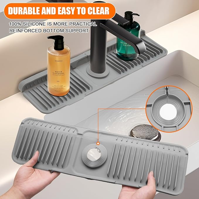 24" Silicone Faucet Mat for Kitchen Sink,7° Draining Mat with Snap Button Lock,Faucet Splash Guard and Sink Counter Organizer,Trim-to-Fit Kitchen Faucet Protector for Sponge Brush Cup