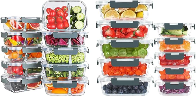 KOMUEE 10 Pack Glass Storage Containers 1 Compartment and 10 Pack Glass Meal Prep Container 2 Compartments