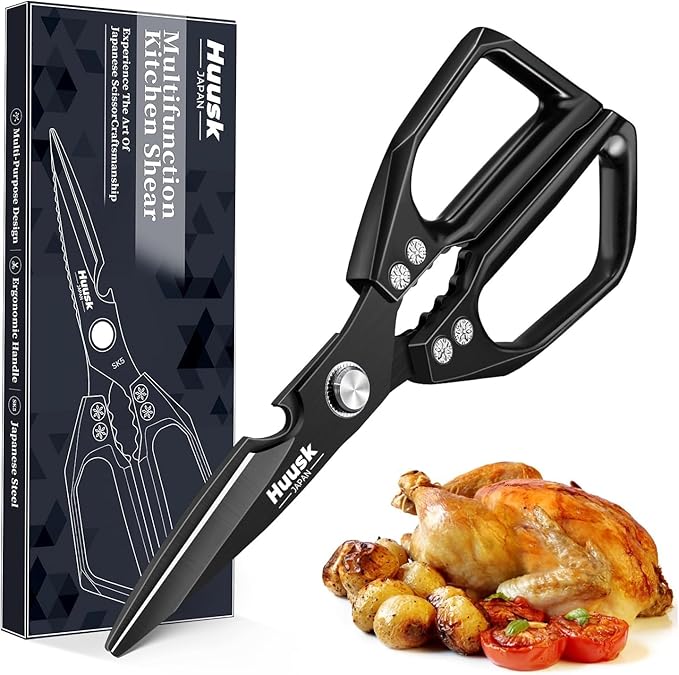 Huusk Kitchen Scissors for Food - Stainless Steel, Sharp Black Meat Scissors, Dishwasher Safe, Heavy Duty Poultry Shears, Japanese Cooking Scissor for Chicken, Turkey, and More