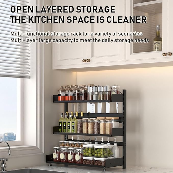 3-Tier Spice Rack Organizer with Knife Holder, Black Metal Counter Storage Shelf, 15.75x15.5x6.69 Inch, Adjustable Height, Detachable Design