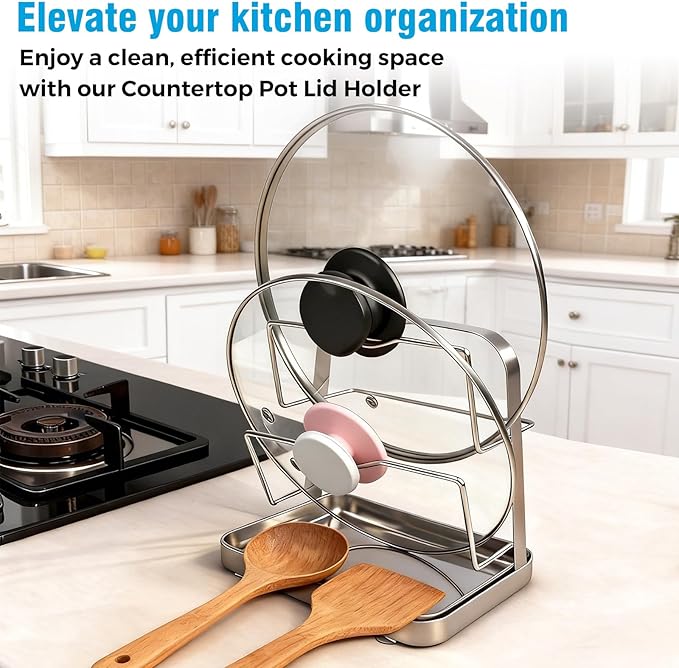 304 Stainless Steel Pot Lid Organizer & Spoon Rest, Pot Lid Holder Storage Rack for Kitchen Countertop, Multifunctional Stove Top Pot Cover Stand While Cooking