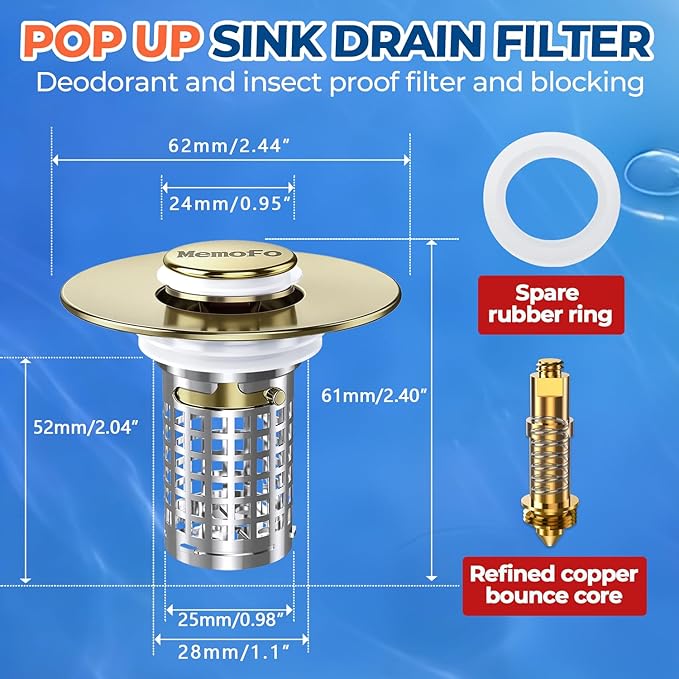 Bathroom Sink Stopper, Stainless Steel Pop-up Sink Stopper Hair Catcher with Removable Basket (2PACK)
