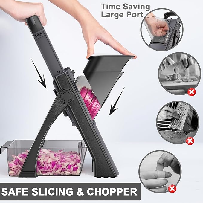 QYKIC Upgrade Safe Mandoline Slicer for Kitchen, Vegetable Chopper and Slicer, Potato Slicer Thickness Adjuster, French Fry Cutter, Veggie Onion Dicer Faster Kitchen Mandolin for Meal Prep