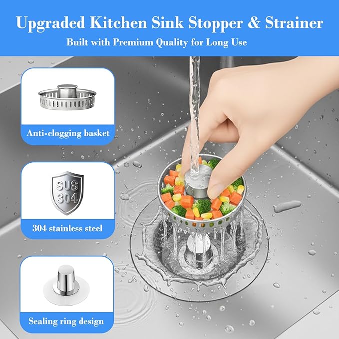 Upgraded 3-in-1 Kitchen Sink Drain Strainer with Solid Brass Core, Fast-Drain Pop-Up Sink Stopper, 304 Stainless Steel, Removable Anti-Clog Basket, for US Standard 3-1/2'' Drains