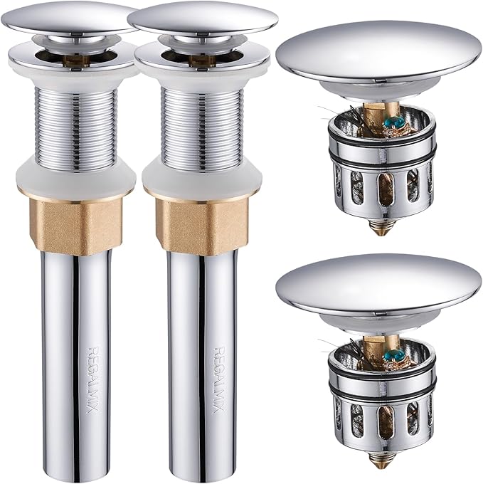 REGALMIX Pop Up Drain Without Overflow, Bathroom Sink Stopper for Vessel Vanity Sink 2 Pack Polished Chrome, All Metal - Big Cap Fit for Vessel or Undermount Sink, RM082A-P2