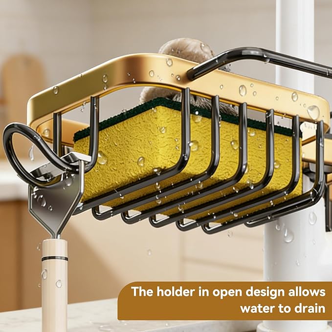 Faucet Holder, Double Faucet Storage Rack with Hooks Faucet Sponge Holder over Faucet Hanging Aluminum Detachable Faucet Drain Rack for Kitchen Sink Bathroom Organizer and Storage(Gold)