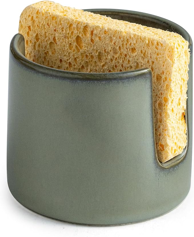 Zoeeker Sponge Holder, Ceramic Dish Sponge Drying Caddy for Kitchen Sink Scrubby Daddy Kitchen Organizer Cute Kitchen Accessories for Counter, Dark Green