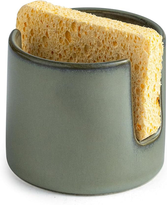 Zoeeker Sponge Holder, Ceramic Dish Sponge Drying Caddy for Kitchen Sink Scrubby Daddy Kitchen Organizer Cute Kitchen Accessories for Counter, Dark Green