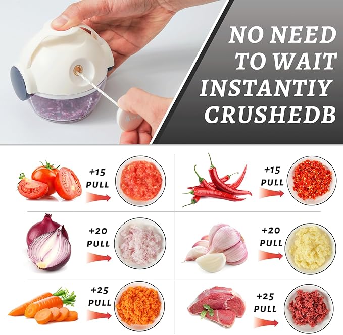 Mini Manual Vegetable Chopper Portable Pull String Food Chopper 170ml - Sharp Blades Garlic Mincer with Container Onion Cutter for Ginger, Chili, Fruit, Meat, Nuts