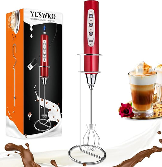 YUSWKO Red Rechargeable Milk Frother for Coffee with Stand, Handheld Drink Mixer with 3 Heads 3 Speeds Electric Stirrers for Latte, Cappuccino, Hot Chocolate, Egg