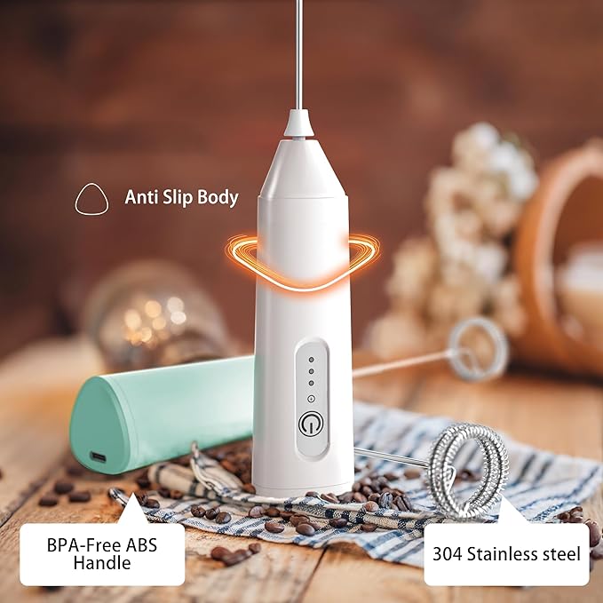 Puraville Rechargeable Milk Frother Handheld, 3 Speeds Electric Whisk Drink Mixer, Type-C Charging BPA Free for Coffee, Latte, Cappuccino, Egg,Cream, Light Green