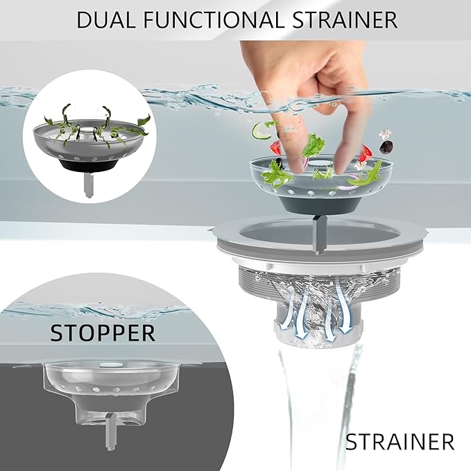 Kitchen Sink Drain 3-1/2 Inch Brushed Stainless Steel Sink Drain Strainer Assembly Kit with Sink Strainer Basket and Drain Stopper for Standard Kitchen Drains Brush Nickel Silver
