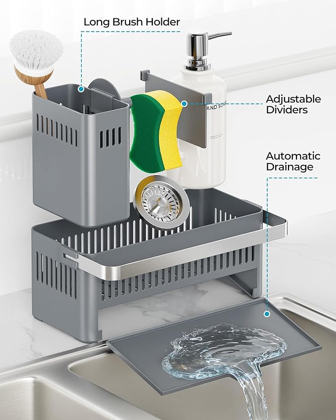 Nieifi Sponge Holder for Kitchen Sink, Sink Caddy with Towel Rack, Dish Sponge Holder, Brush Holder for Kitchen Sink Organizer Storage, Grey