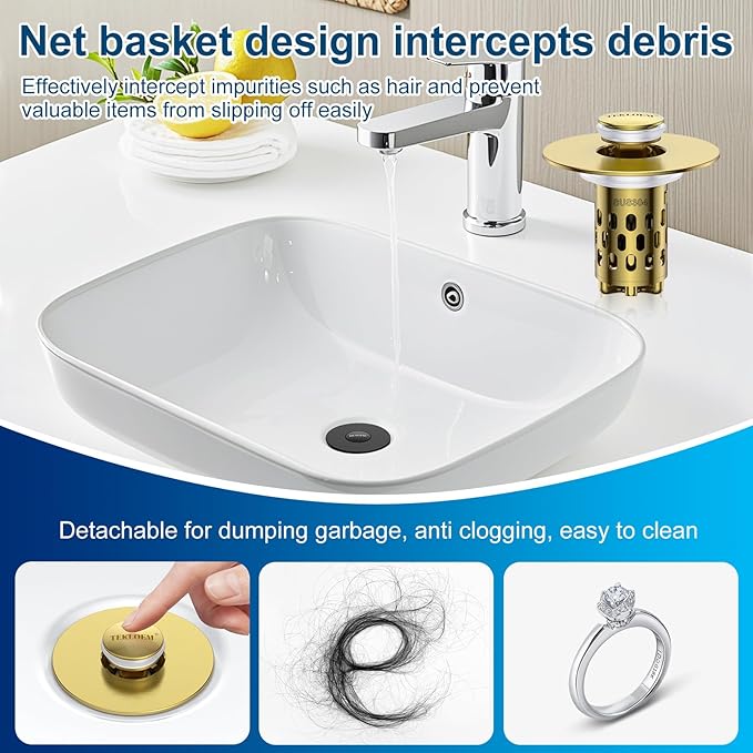 Bathroom Sink Drain Strainer,All Metal Pop-Up Sink Stopper with Removable Stainless Steel Filter Basket, Universal Bathroom Hair Catcher Fit for 1.1-2.36'' Drain (Gold, 2 Pack)