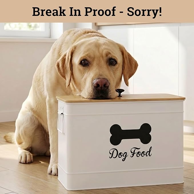 Dog Food Container Airtight 15-20 lb (70 Cup) Capacity with Metal Scoop - Cute Airtight Dog Food Storage Container with Bamboo Lid - White Metal Kibble Storage Bin for Dogs up to 100 lbs - Big Pet Jar