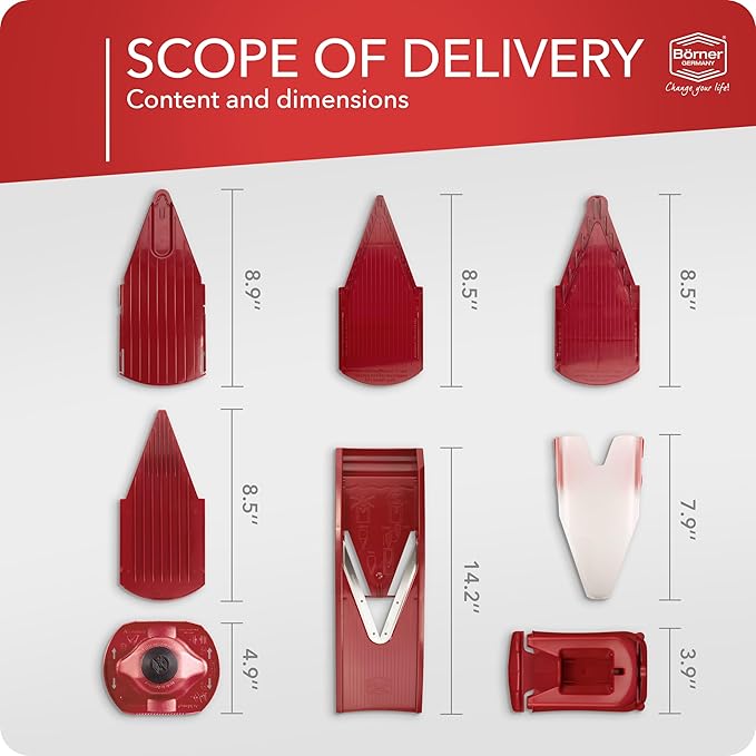 Börner Mandoline Slicer V1 (Professional Set) • V-Slicer with 4 Inserts, Fruit Holder, Docking Station, Box • Adjustable Vegetable Slicer • Cuts into Slices, Strips & Dices • Color: Red