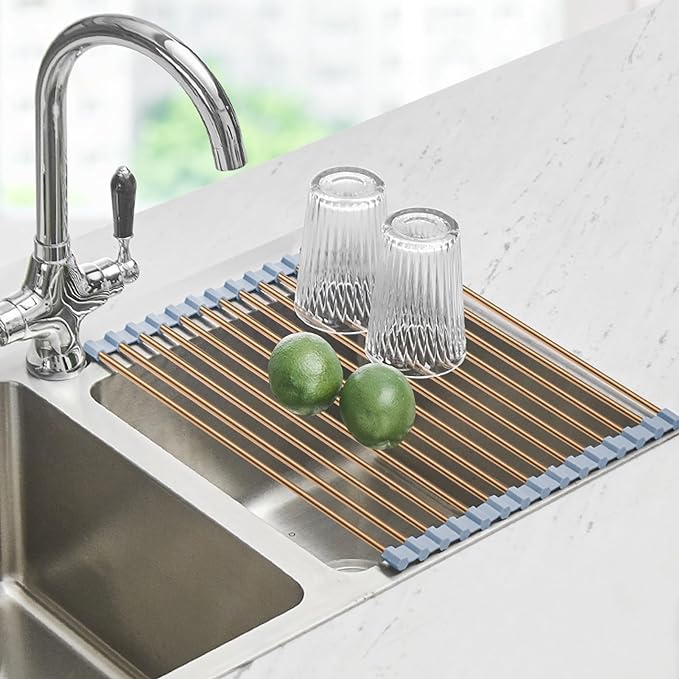 Seropy Roll Up Dish Drying Rack Over The Sink Drying Rack for Kitchen Counter, Rolling Dish Rack Over Sink Mat, Foldable Dish Drainer Stainless Steel Rack Kitchen Organization Gold 17.5"x11.8"