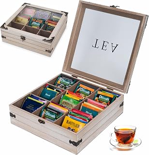 Gray 9 Compartment Rustic Tea Box Organizer for Tea Bags Coffee Pod