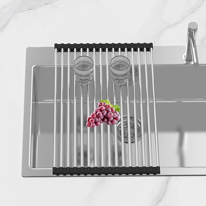 Extra Large Expandable Roll Up Dish Drying Rack,Over The Sink Drying Rack Sink Cover Kitchen Sink Accessories Kitchen Rolling up Stainless Steel Drainer, Foldable,Rollable（Black，22.8''-12.4''）