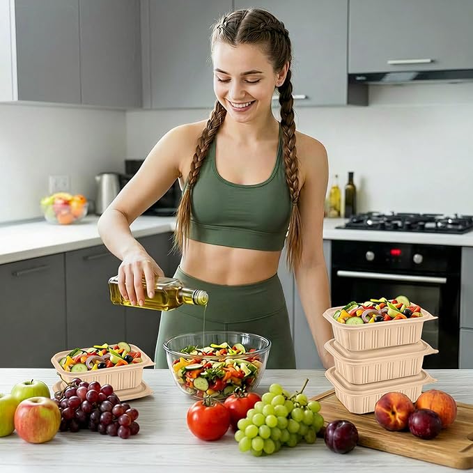 50 Pack (100 Piece) Food Containers with Lids, 22oz Meal Prep Containers Reusable Plant-based Cornstarch Lunch Box BPA Free Small Disposable Take Out Togo Boxes for Salad Microwave & Freezer Safe