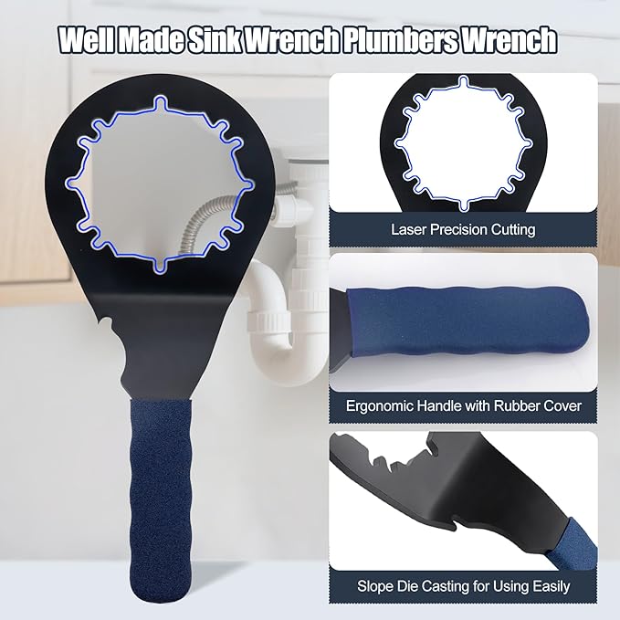 Universal Sink Drain Wrench for Loosen Tighten Strainer Locking Nut Fits All 4-, 6- and 8-tab, Toilet Bathroom Kitchen Sink Wrench