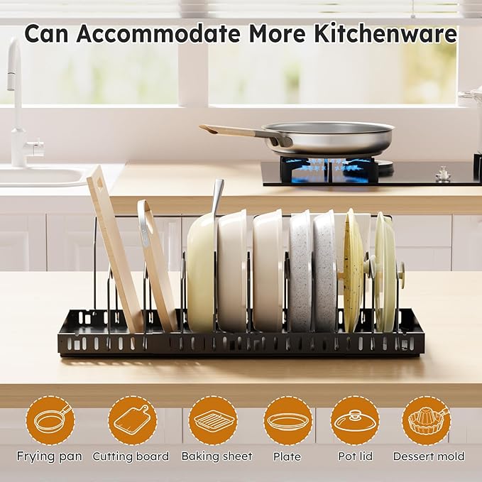 DTUQYX 2 Pack Pots and Pans Organizer Under Cabinet - Pull Out Pot and Pan Organizer Expandable Pot and Pan Lid Organizer with 10 Adjustable Dividers for Pot, Lid, Cutting Board, Dishes, Baking Tray