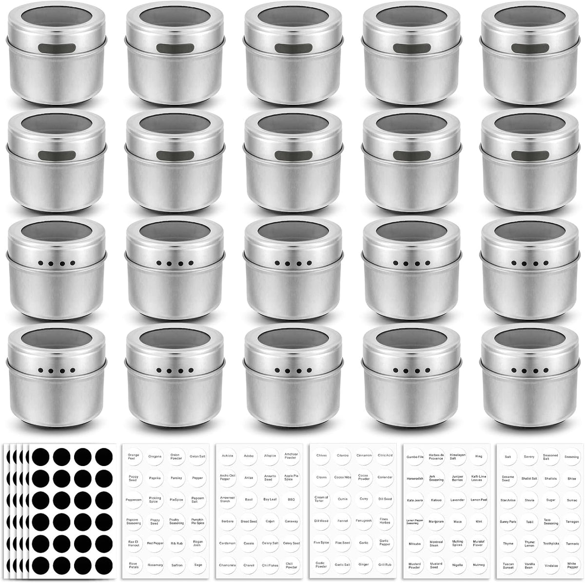 20 Pack Magnetic Spice Jars, Magnetic Spice Containers for Refrigerator, Seasoning Tins with Clear Top Lid, 240 PVC Spice Label Set