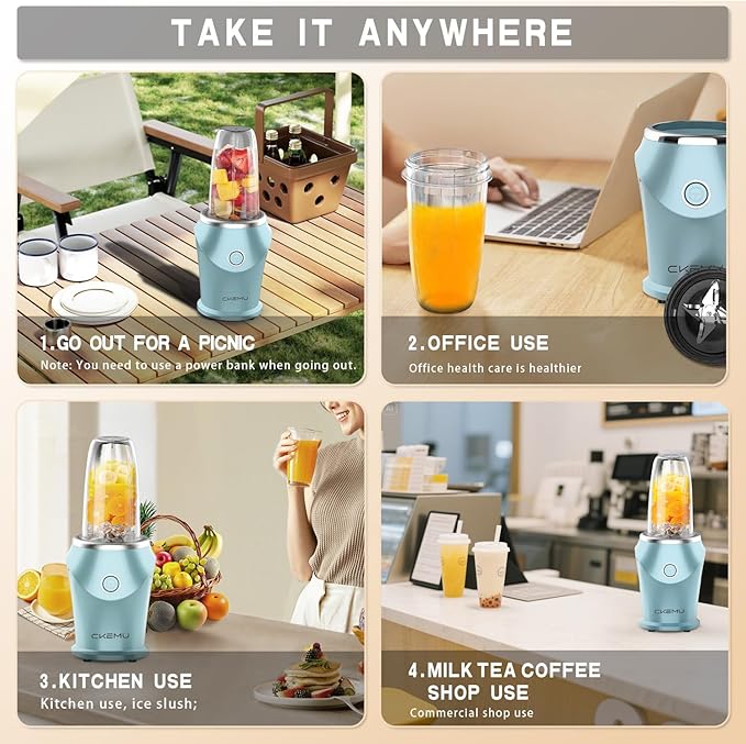 Portable Blender Mint Blue,Personal Blender with 13.5oz ABS Cup, 4-Blade Stainless Steel, One-Button Operation for Smoothies, Shakes, Juices - Home, Office, Gym, Travel