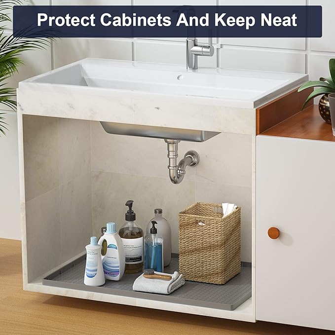 Under Sink Mat - 25" x 19" Waterproof Kitchen Cabinet Mat - Flexible Silicone Under Sink Liner - Kitchen Bathroom Cabinet Mat and Protector for Drips Leaks Spills (Gray)