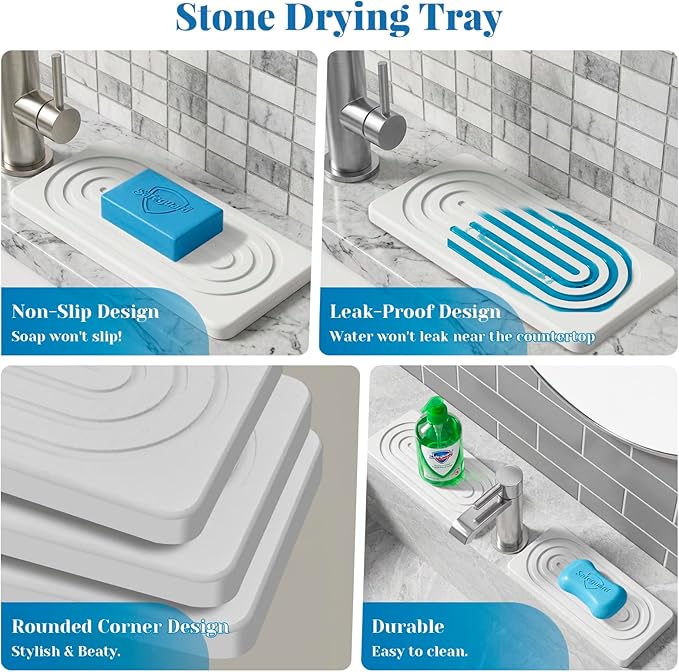 Water Absorbing Stone Tray, Bathroom Kitchen Soap Tray, Stone Drying Mat for Kitchen Counter Faucet, Vanity Sink Caddy Bar Coaster, Countertop Fast Drying Counter Trays, Diatomite Stone Sink Trays
