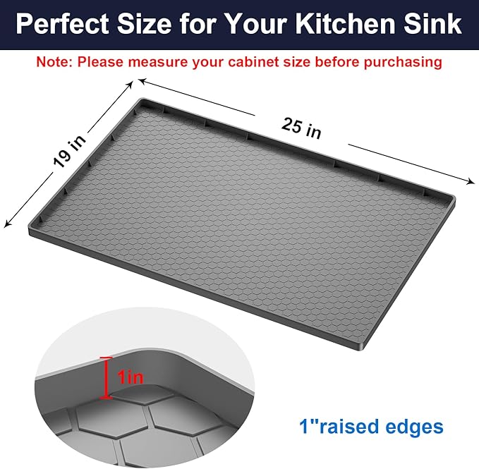 Under Sink Mat - 25" x 19" Waterproof Kitchen Cabinet Mat - Flexible Silicone Under Sink Liner - Kitchen Bathroom Cabinet Mat and Protector for Drips Leaks Spills (Gray)