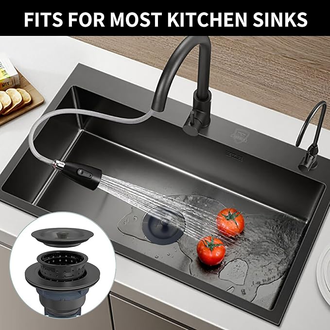 Sink Strainer Kitchen Sink Drain Assembly Kit 3-1/2 Inch with Kitchen Sink Drain Basket,304 Stainless Steel Sink Stopper & Cover Lid，Stainless Steel Matt Black