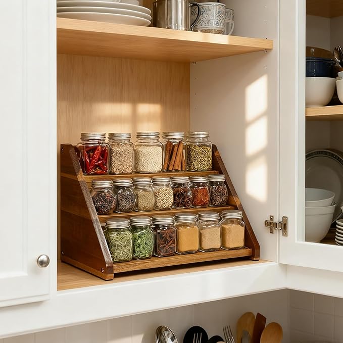 Acacia Wooden Spice Rack for Countertop - 3 Tiered Spice Rack Organizer for Cabinet - Kitchen Spices Organizers Holds 21 Jars - Spices Shelf for Kitchen Storage Pantry Seasoning Organizer