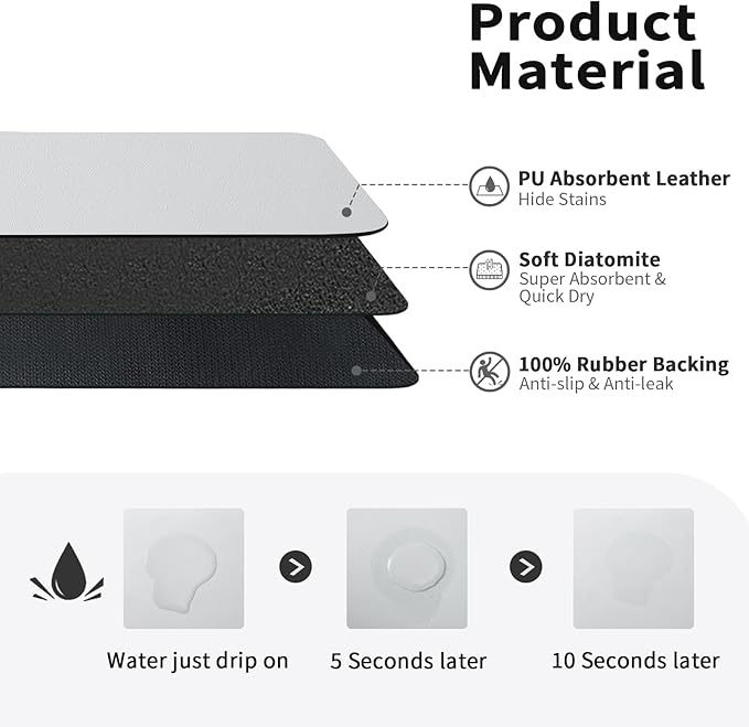 HotLive Dish Drying Mat for Kitchen Counter, Heat Resistant Drainer Mats with Non-slip Rubber Backed, Hide Stain Kitchen Super Absorbent Draining Mat, Easy to Clean Dish Rack Pad, Light Grey 18"x32"