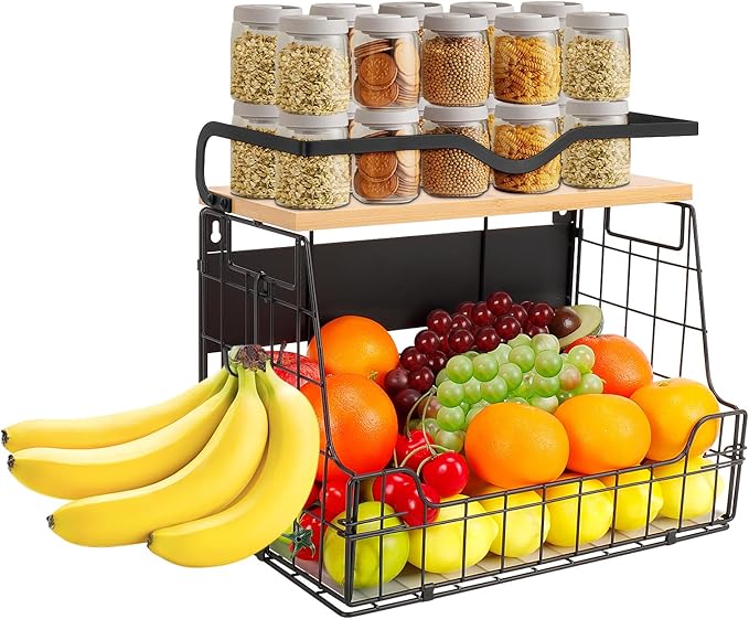Livabber Magnetic Fridge Organizer Basket with Wood Shelf, Large Fruit Vegetable Storage Bin, Spices Snacks Condiments Rack for Kitchen Pantry, Laundry Room, Office, Magnetic or Wall Mount (Black)