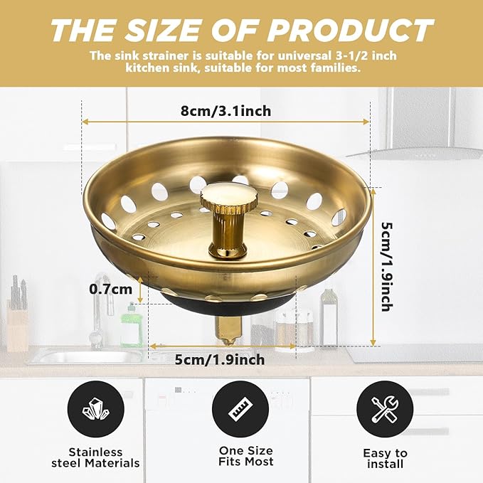 Retisee 2 Pcs Kitchen Sink Stopper Strainer Stainless Steel Drain Strainers for Universal 3-1/2 Inch Kitchen Sink Drain Replacement(Brushed Gold)