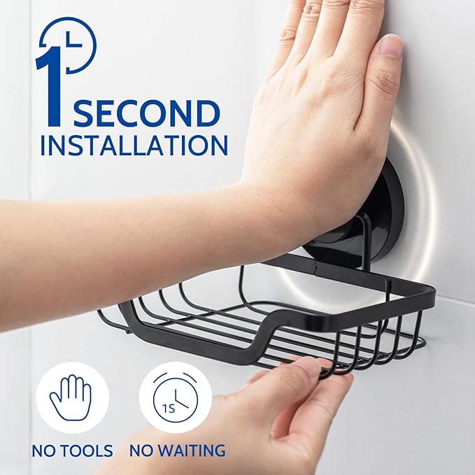 Suction Soap Dish for Shower, Stainless Steel Rustproof Drainable Soap Holder, Wall Mounted Vacuum Suction Soap Tray for Bathroom, Black
