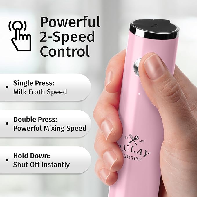 Zulay Kitchen Rechargeable Milk Frother Handheld - Frother Wand, Drink Mixer, Electric Whisk Frother, for Cappuccinos, Matcha & Protein Powder - Lux 4 Whisk 2 Speed Waterproof 2000mAh Pink