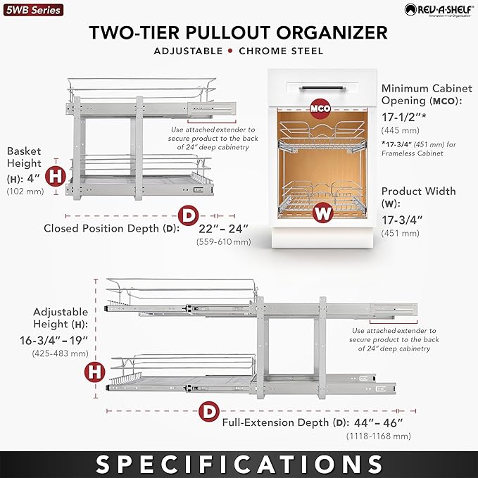 Rev-A-Shelf 2-Tier Pullout Shelf and Drawer Organizer for Kitchen Cabinets, Slide Out Storage Basket, Min Opening Width of 17.5", 18" x 22", 5WB2-1822CR-1